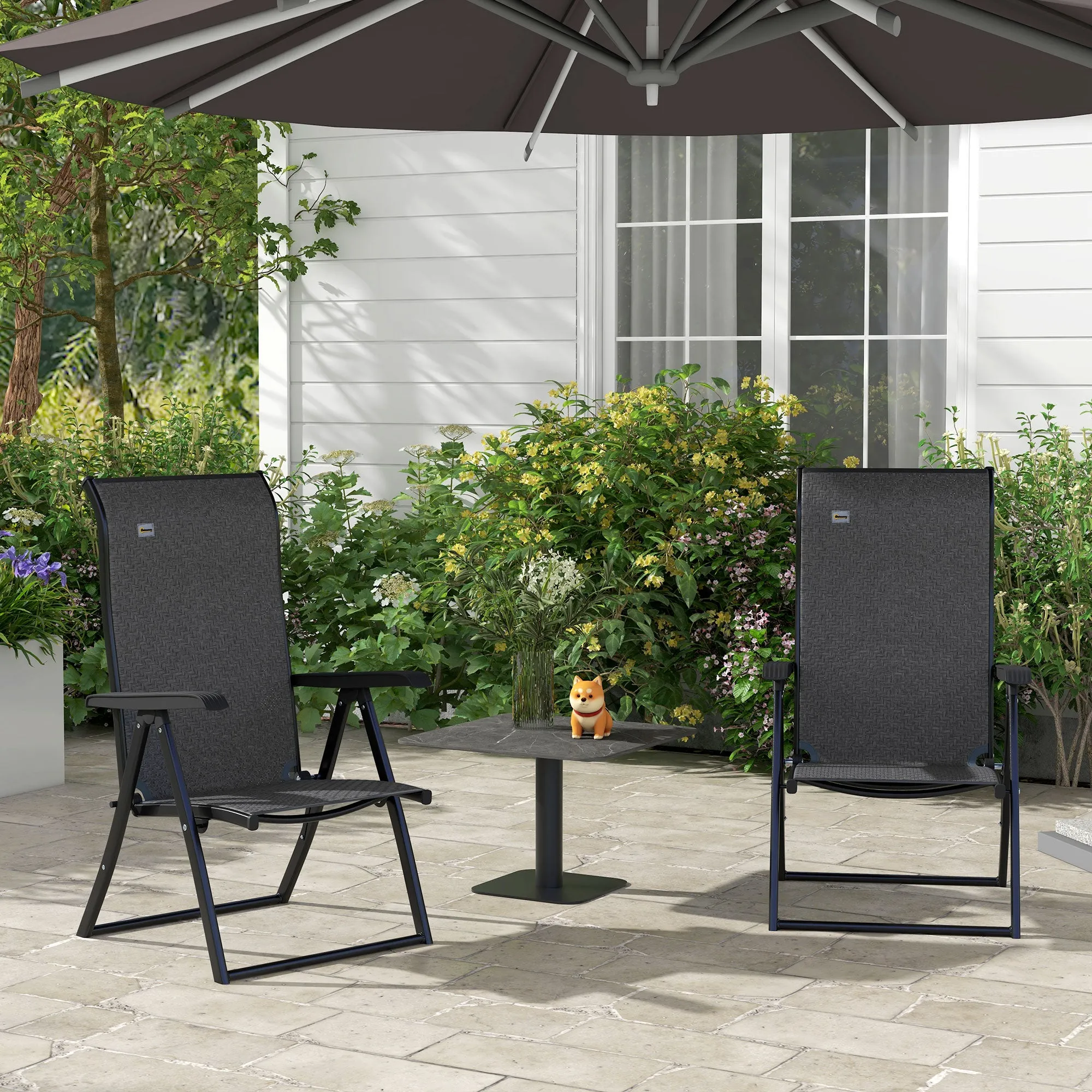 Set of 2 Outdoor Wicker Folding Chairs, Patio PE Rattan Dining Armrests Chair set with 7 Levels Adjustable Backrest, for Outdoors, Camping, Grey