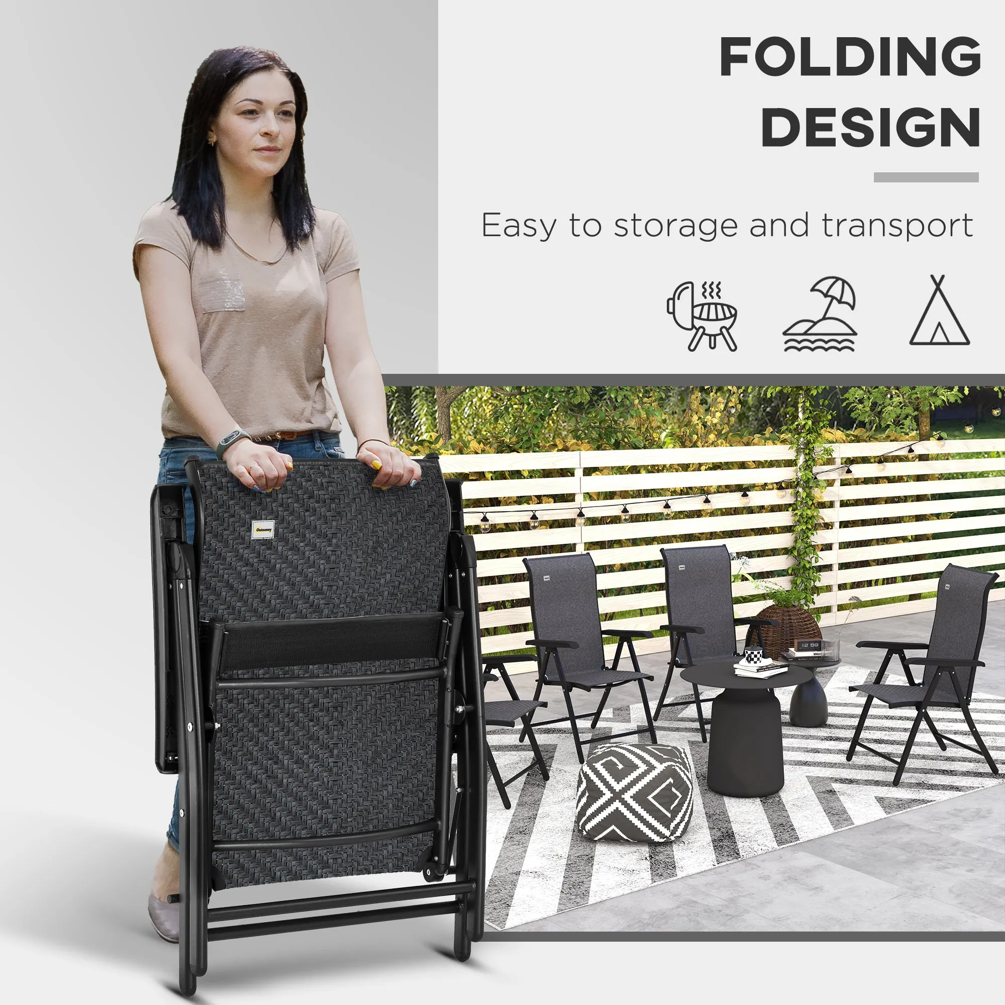 Set of 2 Outdoor Wicker Folding Chairs, Patio PE Rattan Dining Armrests Chair set with 7 Levels Adjustable Backrest, for Outdoors, Camping, Grey