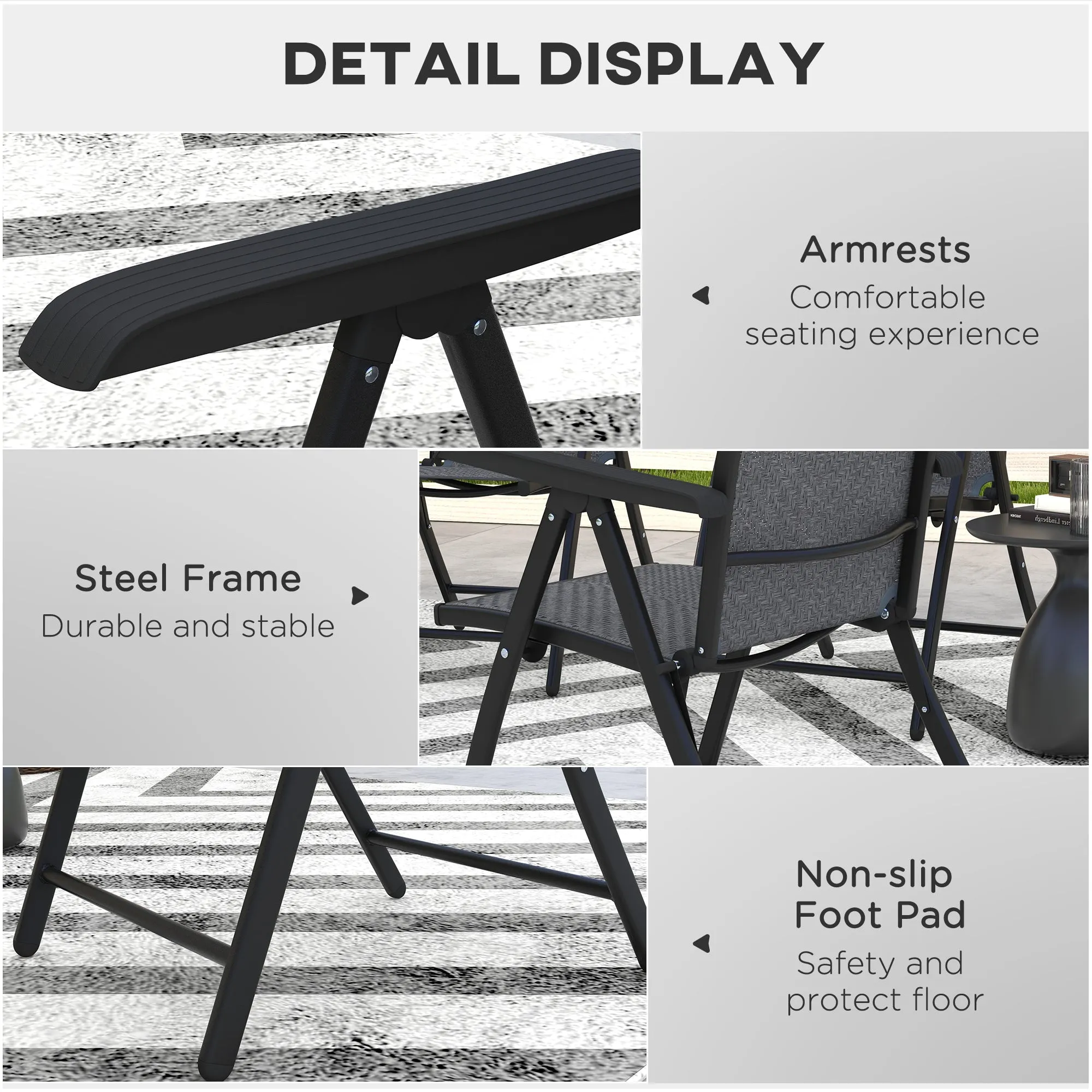 Set of 2 Outdoor Wicker Folding Chairs, Patio PE Rattan Dining Armrests Chair set with 7 Levels Adjustable Backrest, for Outdoors, Camping, Grey