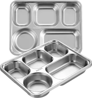 Set of 4 Stainless Steel Rectangular Divided Plates – 5-Section Dinner Plates for Adults,Unbreakable Metal Trays for Campers Portion Control Plate (4)