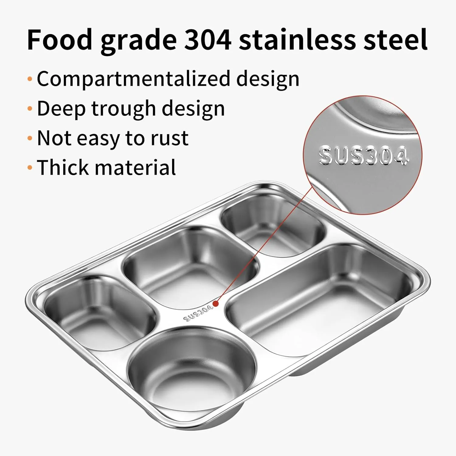 Set of 4 Stainless Steel Rectangular Divided Plates – 5-Section Dinner Plates for Adults,Unbreakable Metal Trays for Campers Portion Control Plate (4)