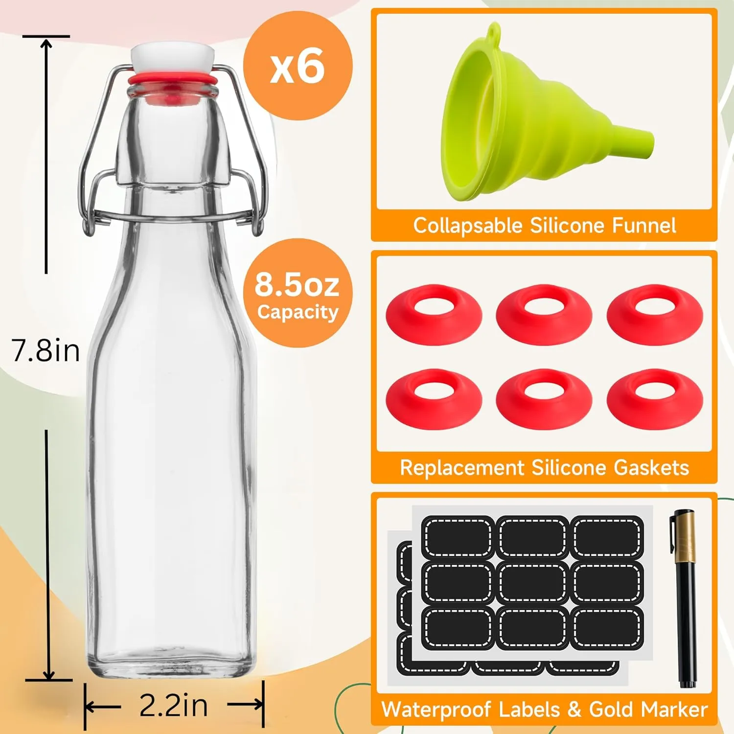 Set of 6-8.5oz Swing Top Glass Bottles - Flip Top Brewing Bottles For Kombucha, Kefir, Vanilla Extract, Beer - Airtight Caps and Leak Proof Lids, Bonus Gaskets and Funnel