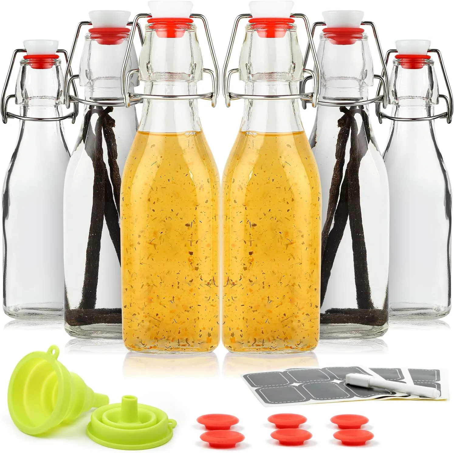 Set of 6-8.5oz Swing Top Glass Bottles - Flip Top Brewing Bottles For Kombucha, Kefir, Vanilla Extract, Beer - Airtight Caps and Leak Proof Lids, Bonus Gaskets and Funnel
