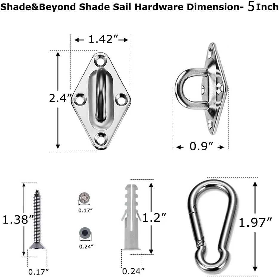 Shade&Beyond 304 Marine Grade Shade Sail Hardware Kit 5 inch for Triangle Sun Shade Sails Installation, 18 Pcs