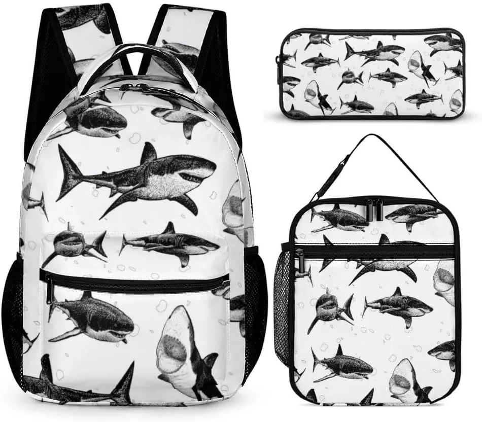 Shark Backpack with Lunch Box & Pencil Case for Kids Girls Boys School, 16 Inch Cute Sharks Bookbag, School Backpack for Students Children, Lightweight, Large Capacity