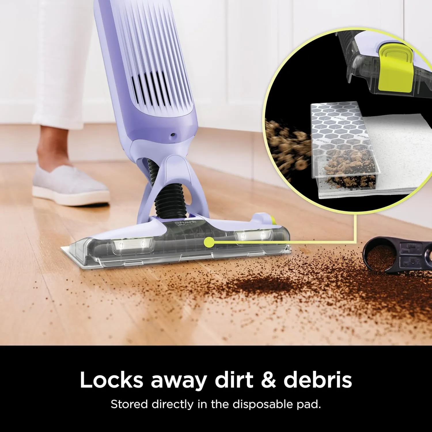Shark VACMOP Pro Cordless Hard Floor Cleaner, Vacuum and Spray Mop, Powerful Suction, Lightweight, LED Headlights, Includes 4 Disposable Pads, 12oz Multi-surface Cleaning Solution, Lavender, VM252PL