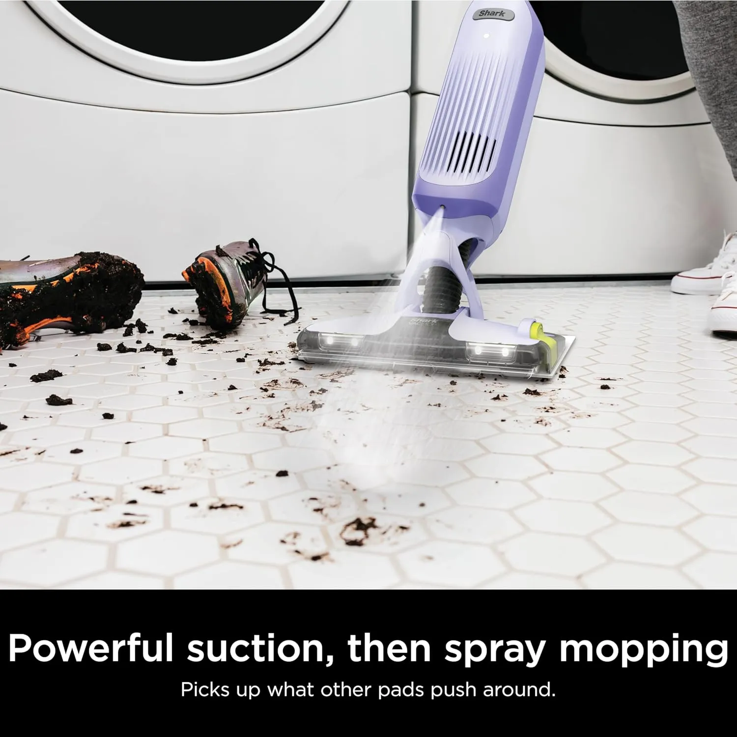 Shark VACMOP Pro Cordless Hard Floor Cleaner, Vacuum and Spray Mop, Powerful Suction, Lightweight, LED Headlights, Includes 4 Disposable Pads, 12oz Multi-surface Cleaning Solution, Lavender, VM252PL
