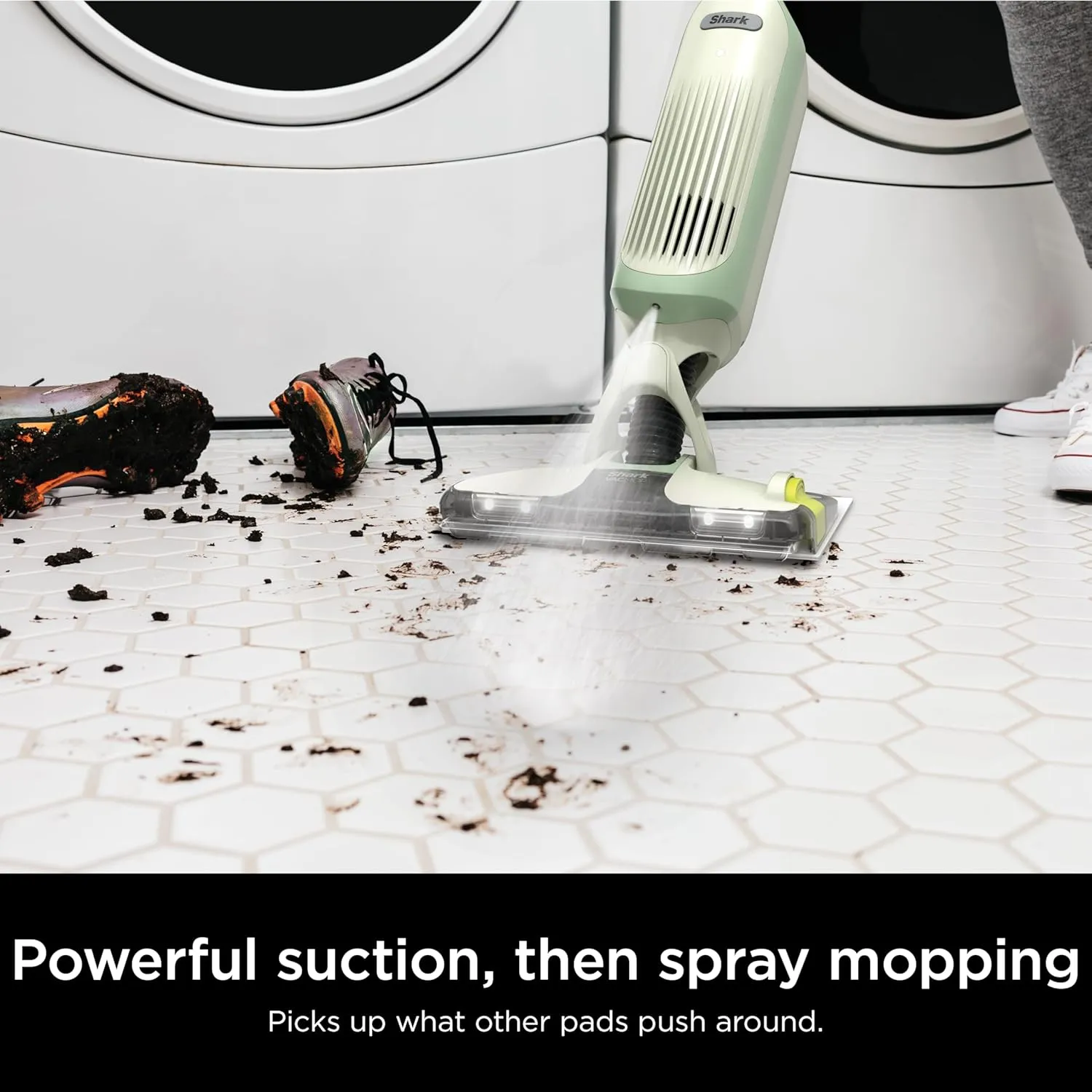 Shark VACMOP Pro Cordless Hard Floor Cleaner, Vacuum and Spray Mop, Powerful Suction, Lightweight, LED Headlights, Includes 4 Disposable Pads, 12oz Multi-surface Cleaning Solution, Lime Green, VM252GN