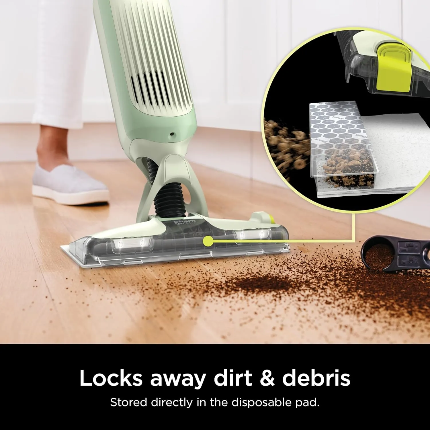Shark VACMOP Pro Cordless Hard Floor Cleaner, Vacuum and Spray Mop, Powerful Suction, Lightweight, LED Headlights, Includes 4 Disposable Pads, 12oz Multi-surface Cleaning Solution, Lime Green, VM252GN