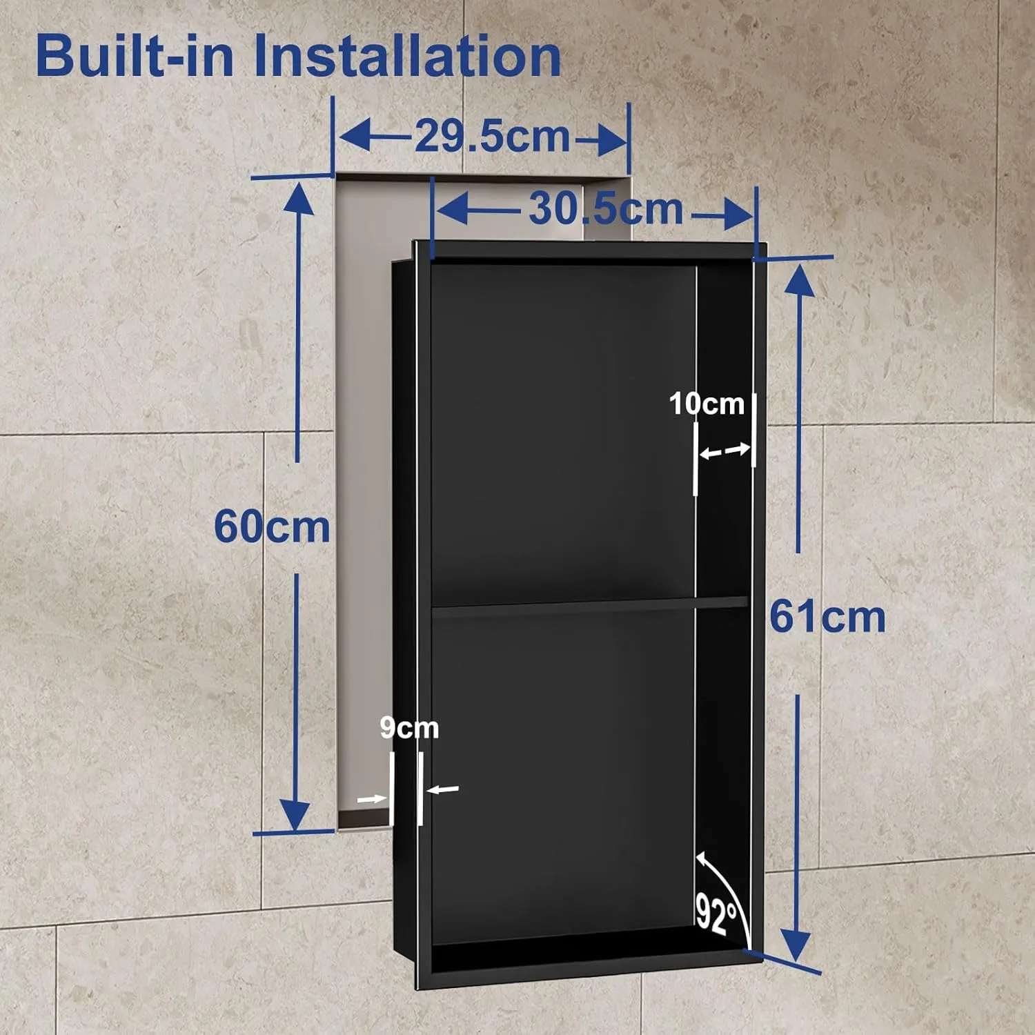 Shower Niche, Stainless Steel Elegant Bathroom Niche, No Tile Needed Recessed Shower Shelf Organizer for Storage, Black Two-Layer, 12"×24"