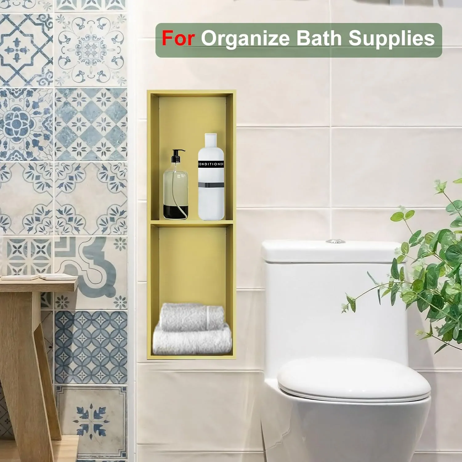 Shower Niche, Stainless Steel Elegant Bathroom Niche, No Tile Needed Recessed Shower Shelf Organizer for Storage, Gold, 8"×24"