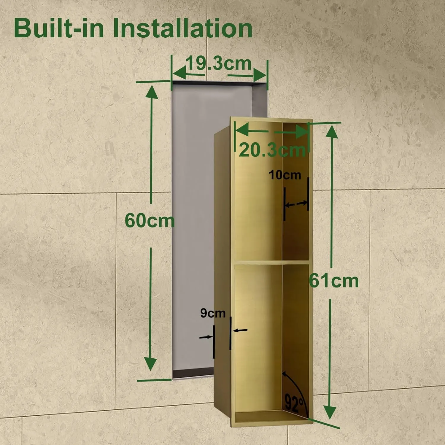 Shower Niche, Stainless Steel Elegant Bathroom Niche, No Tile Needed Recessed Shower Shelf Organizer for Storage, Gold, 8"×24"