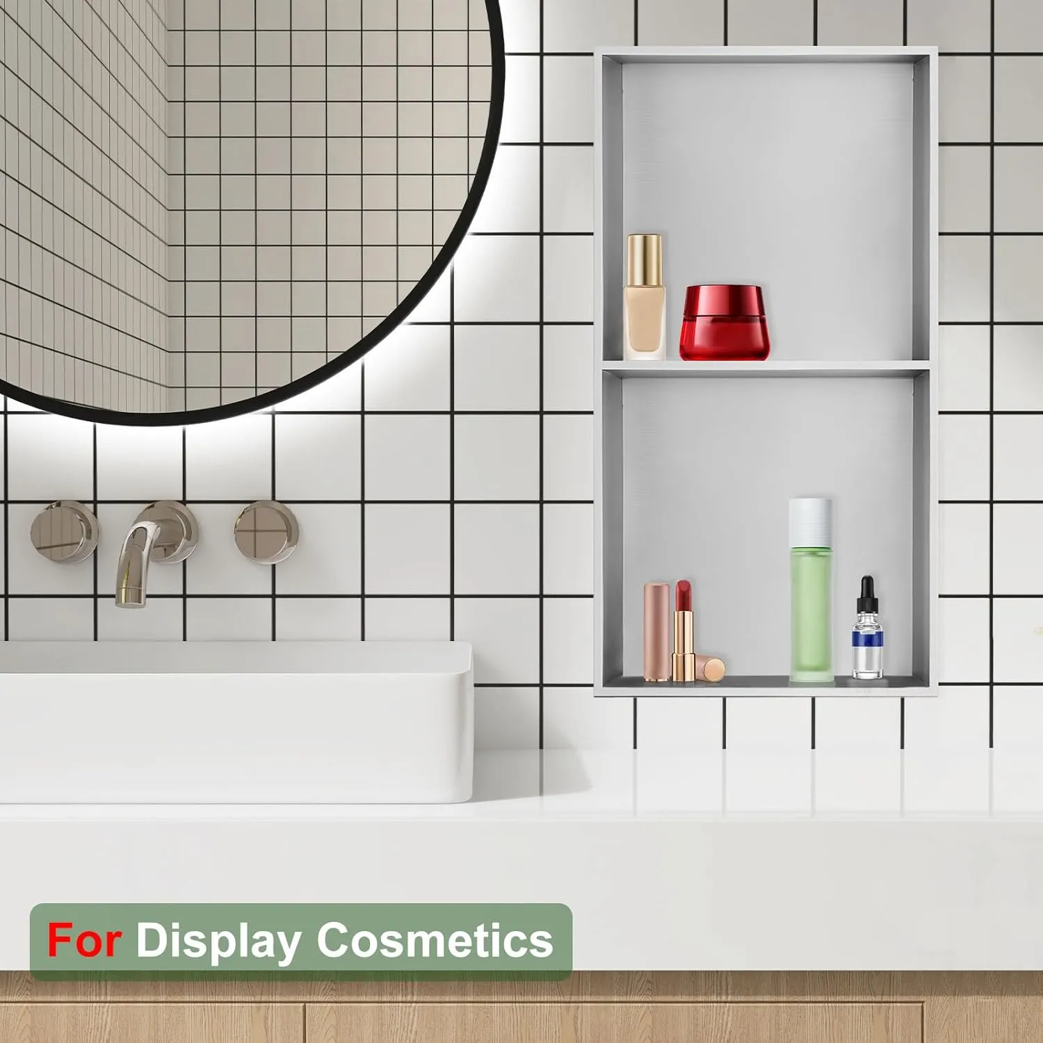 Shower Niche, Stainless Steel Elegant Bathroom Niche, No Tile Needed Recessed Shower Shelf Organizer for Storage, Stainless Steel Two-Layer, 12"×24"