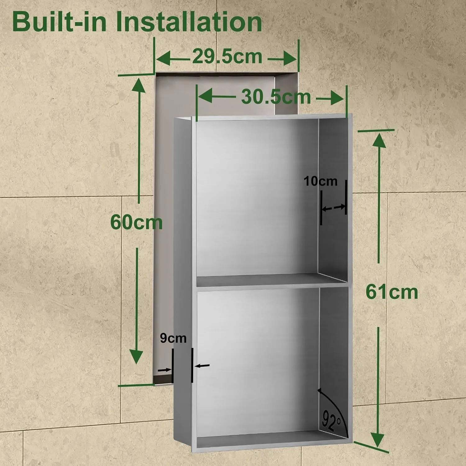 Shower Niche, Stainless Steel Elegant Bathroom Niche, No Tile Needed Recessed Shower Shelf Organizer for Storage, Stainless Steel Two-Layer, 12"×24"