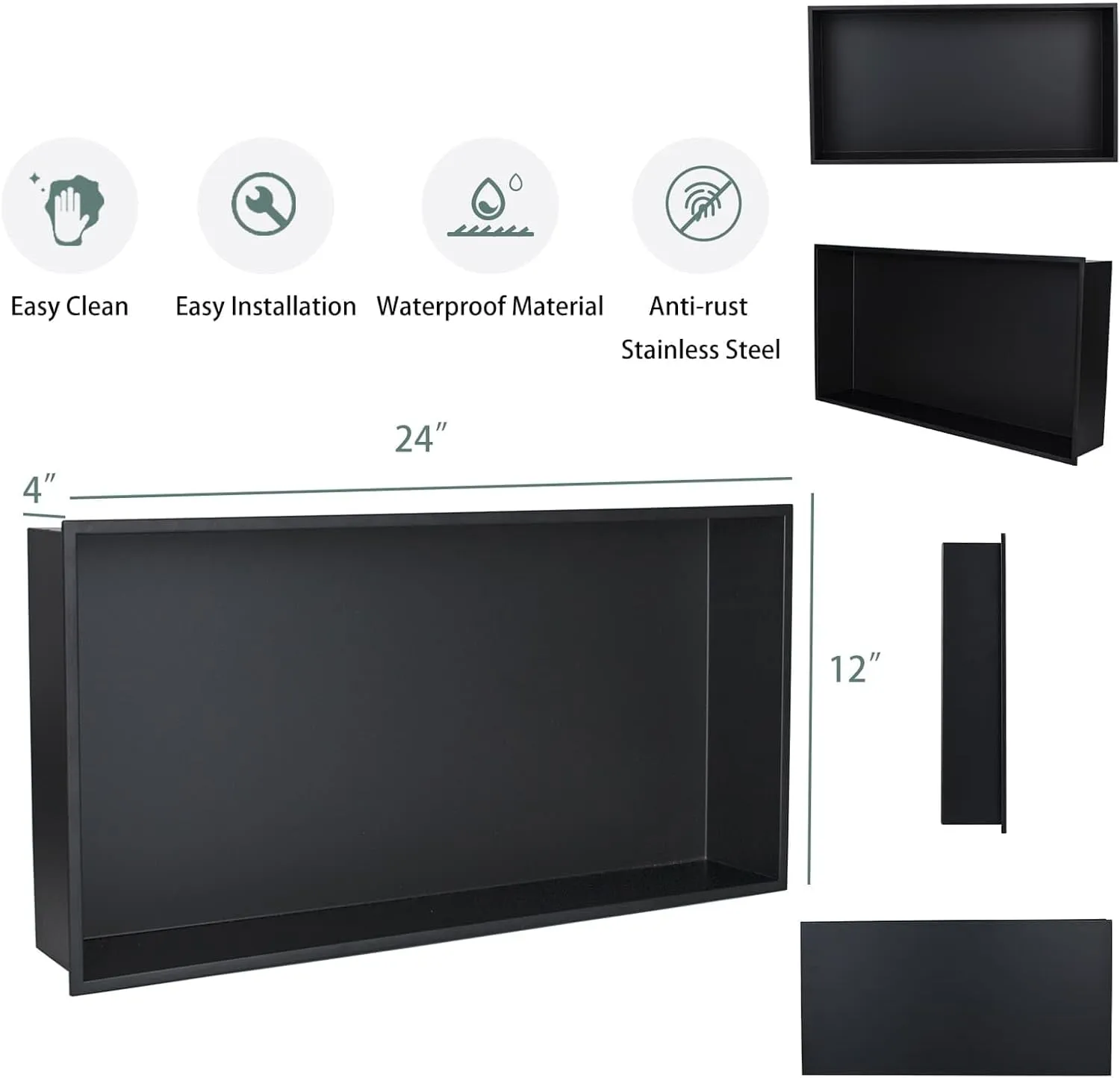 Shower Niche, Stainless Steel Modern Bathroom Niche, No Tile Needed Recessed Shower Shelf Organizer for Storage, Black, 12"×24"