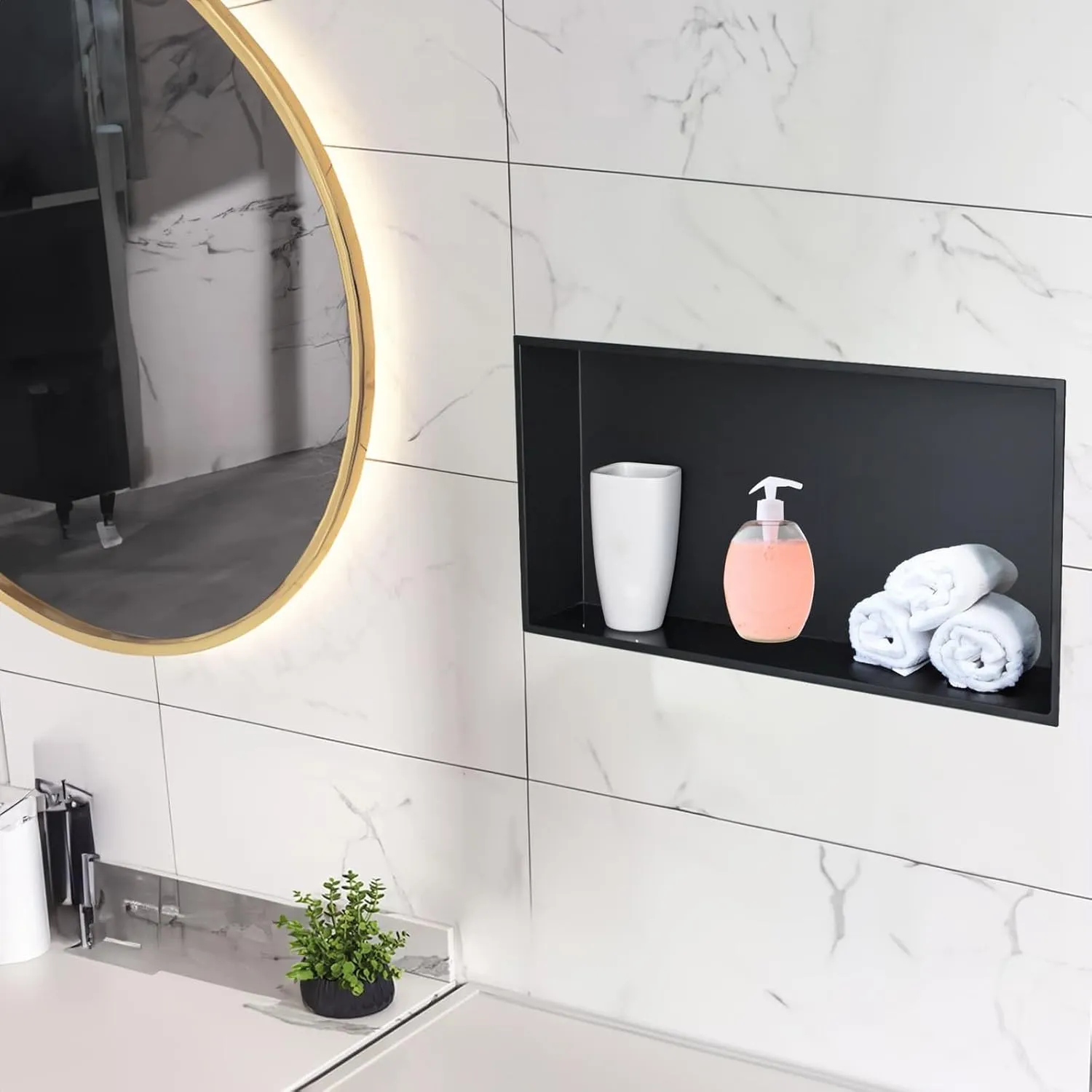 Shower Niche, Stainless Steel Modern Bathroom Niche, No Tile Needed Recessed Shower Shelf Organizer for Storage, Black, 12"×24"