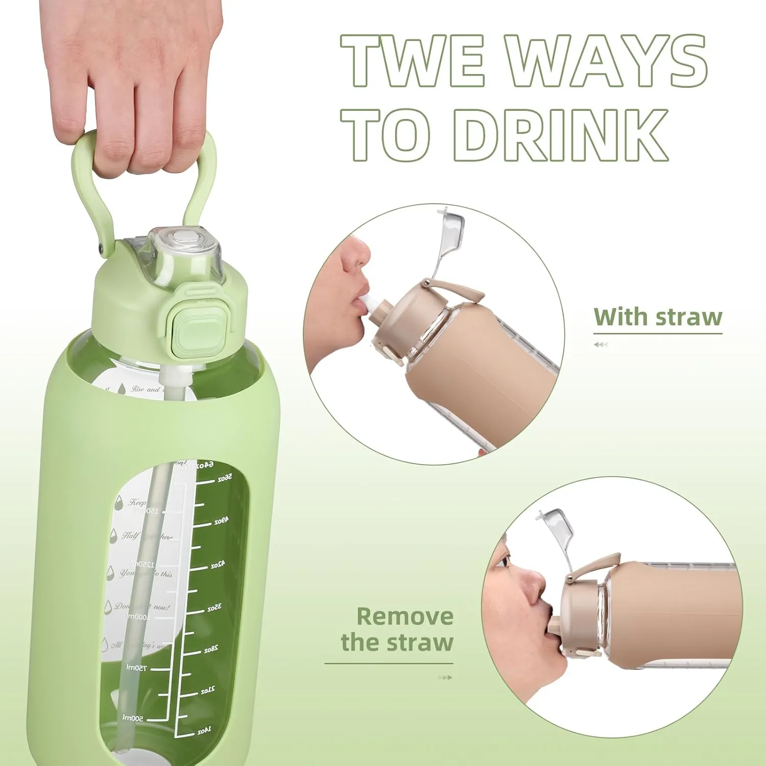 SIEROZUR 32 oz Glass Water Bottle with Straw and Handle, Leakproof Motivational Sports Glass Bottle with Time Marker, Water Jug with Silicone Sleeve for Gym, Travel, Workout, Green