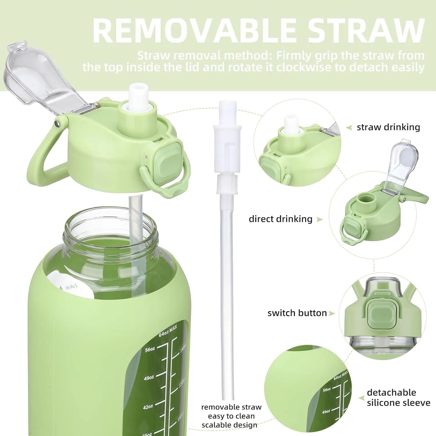 SIEROZUR 32 oz Glass Water Bottle with Straw and Handle, Leakproof Motivational Sports Glass Bottle with Time Marker, Water Jug with Silicone Sleeve for Gym, Travel, Workout, Green