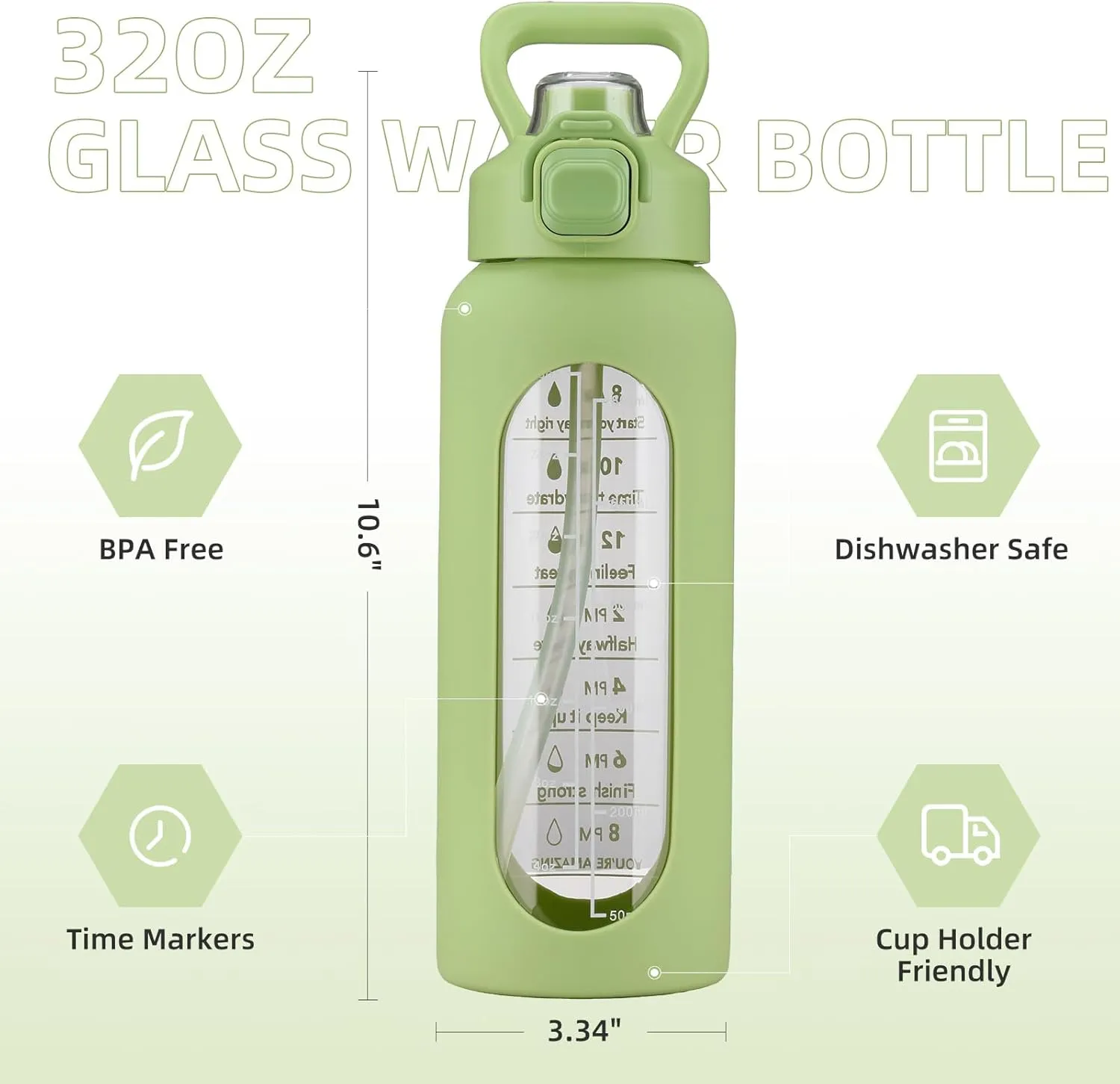 SIEROZUR 32 oz Glass Water Bottle with Straw and Handle, Leakproof Motivational Sports Glass Bottle with Time Marker, Water Jug with Silicone Sleeve for Gym, Travel, Workout, Green
