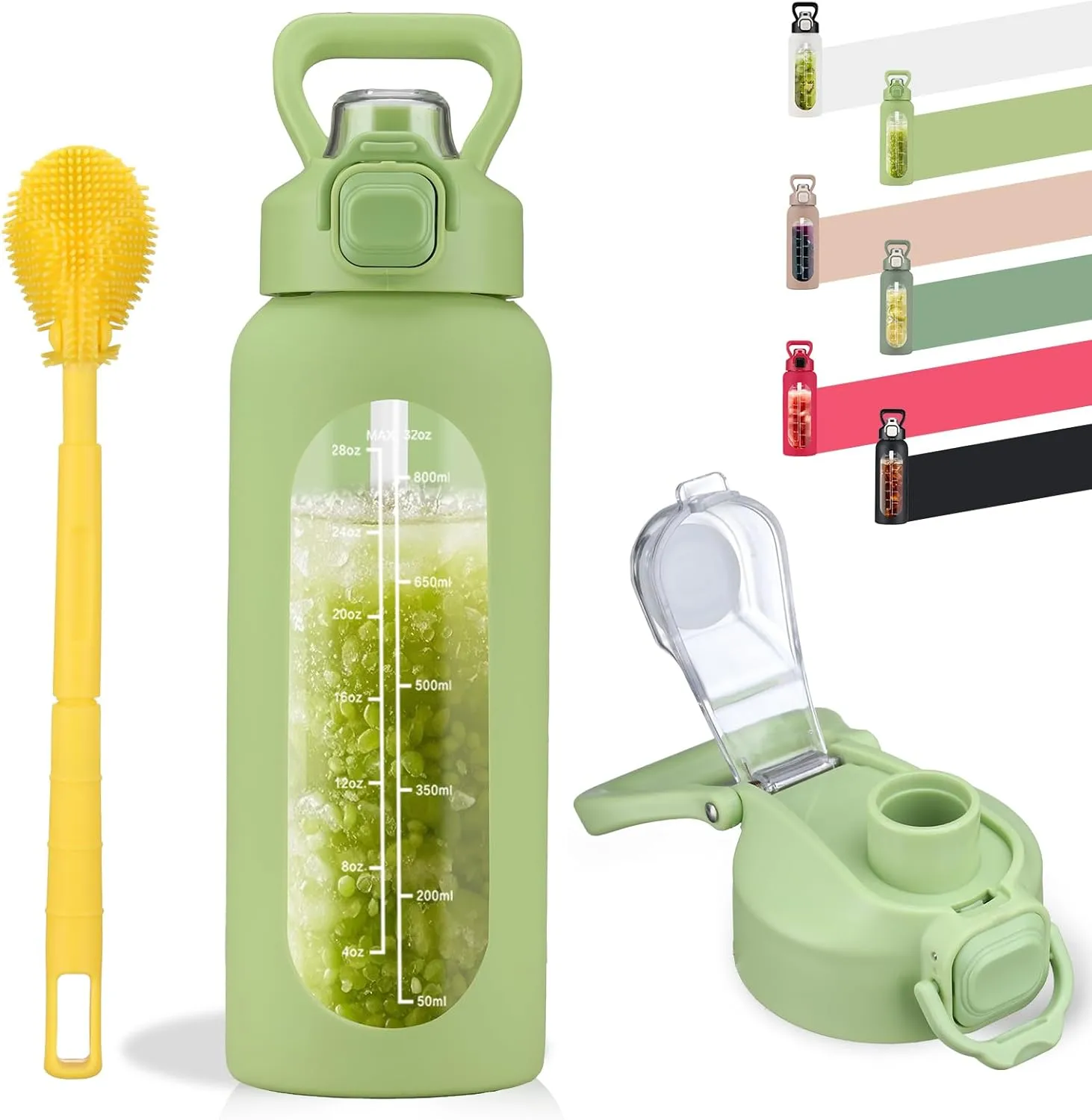 SIEROZUR 32 oz Glass Water Bottle with Straw and Handle, Leakproof Motivational Sports Glass Bottle with Time Marker, Water Jug with Silicone Sleeve for Gym, Travel, Workout, Green