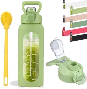 SIEROZUR 32 oz Glass Water Bottle with Straw and Handle, Leakproof Motivational Sports Glass Bottle with Time Marker, Water Jug with Silicone Sleeve for Gym, Travel, Workout, Green