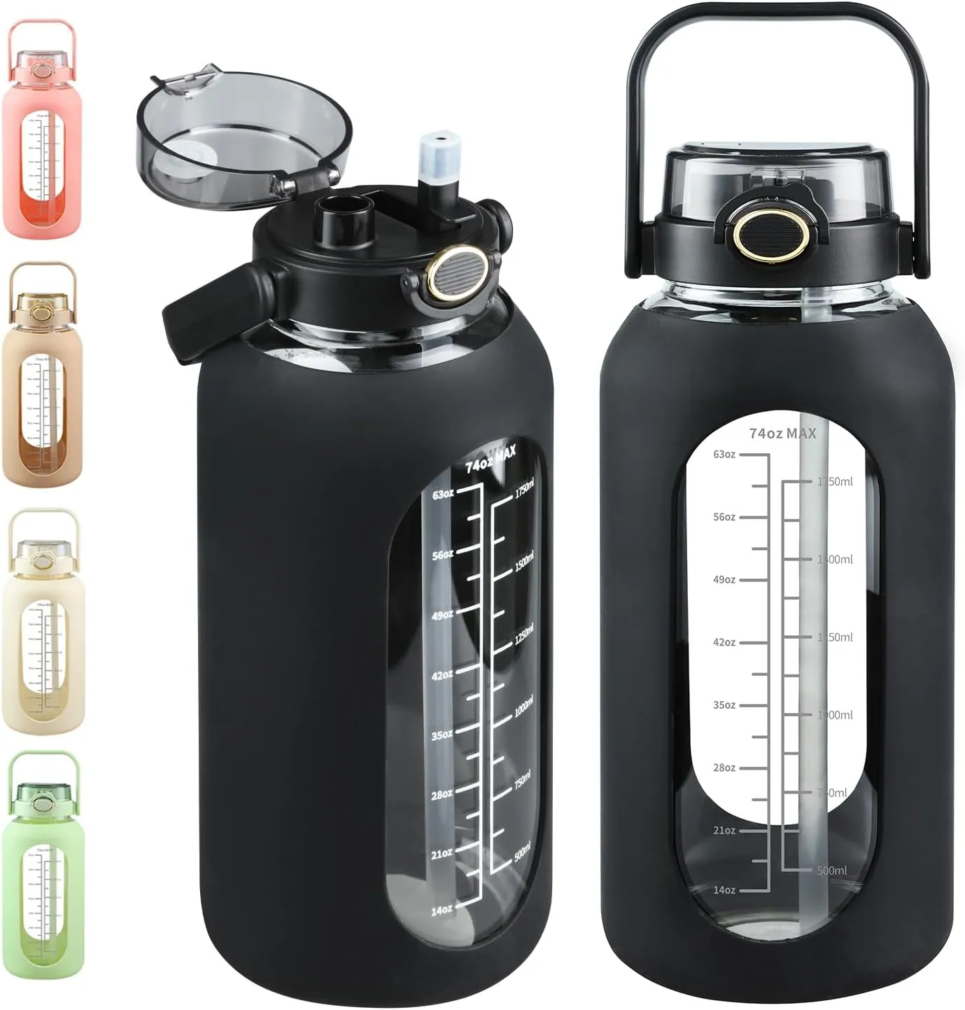 SIEROZUR 74oz Glass Water Bottle with Straw and Lid Large Gallon Water Jug with Silicone Sleeve and Handle 2.2 liter Wide Mouth Bottle with Time Marker for Gym Sports& Workout