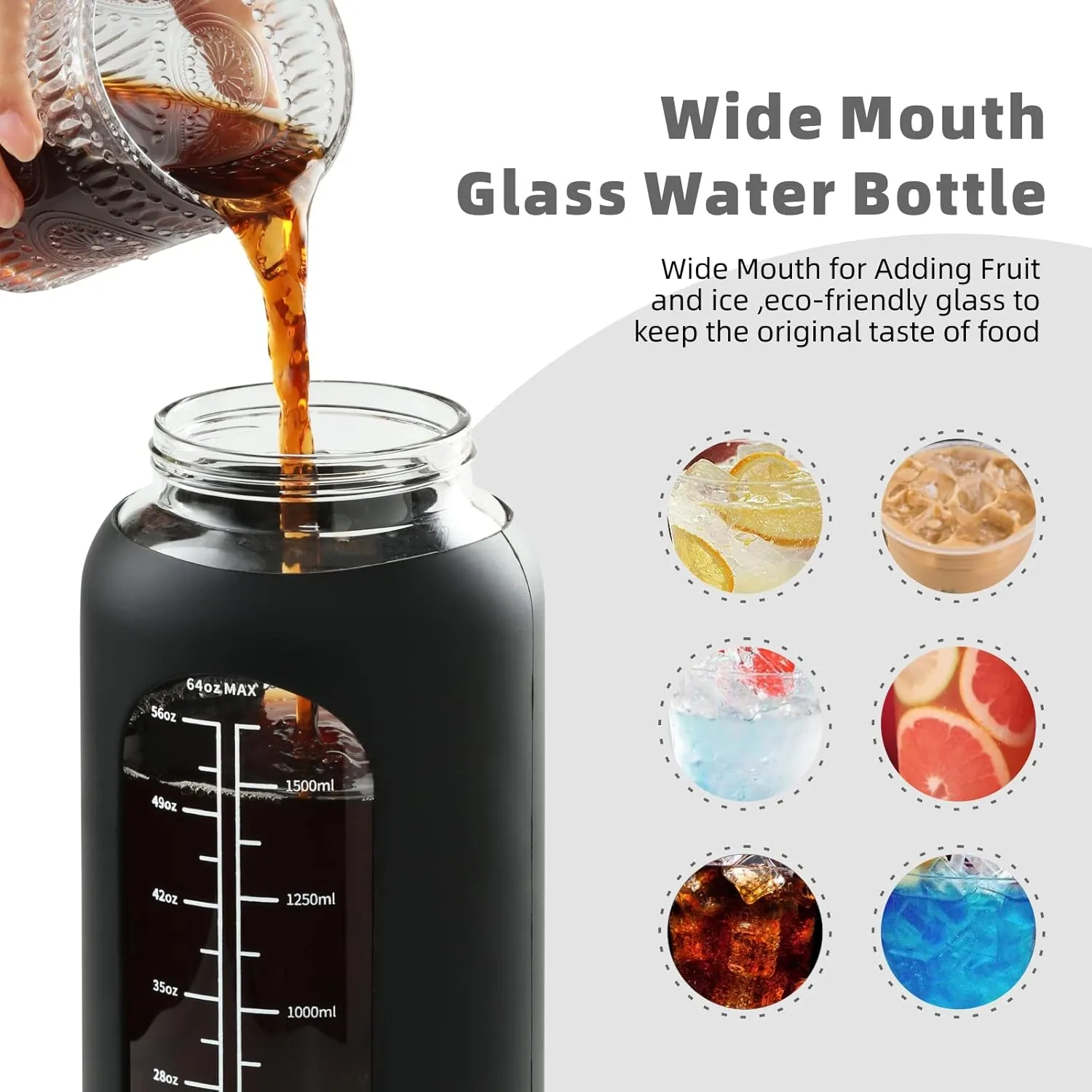 SIEROZUR 74oz Glass Water Bottle with Straw and Lid Large Gallon Water Jug with Silicone Sleeve and Handle 2.2 liter Wide Mouth Bottle with Time Marker for Gym Sports& Workout