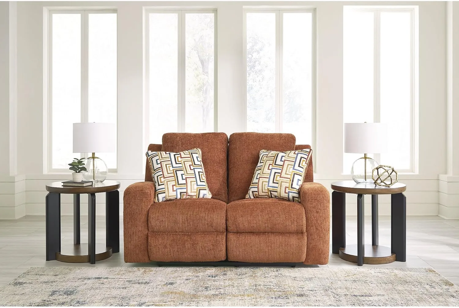 Signature Design by Ashley Danum Contemporary Tufted Manual Reclining Loveseat with 2 Accent Pillows, Orange