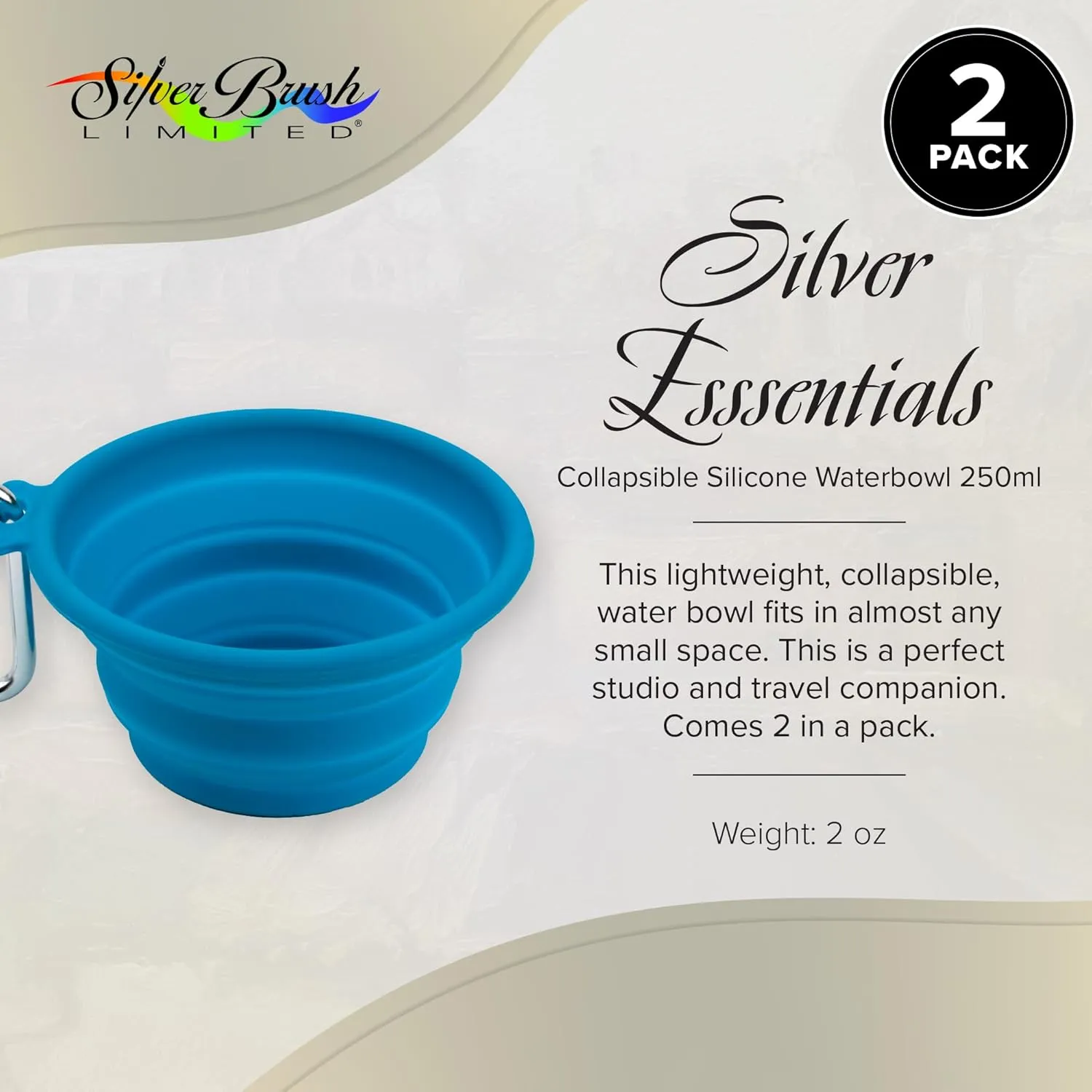 Silver Brush Limited 9050 Silver Essentials 250ml Round Collapsible Silicone Water Bowl, Leak-Proof Paint Brush Water Cup for Water Media Painting, for Studio, Travel, and Plein Air, 2 Pack