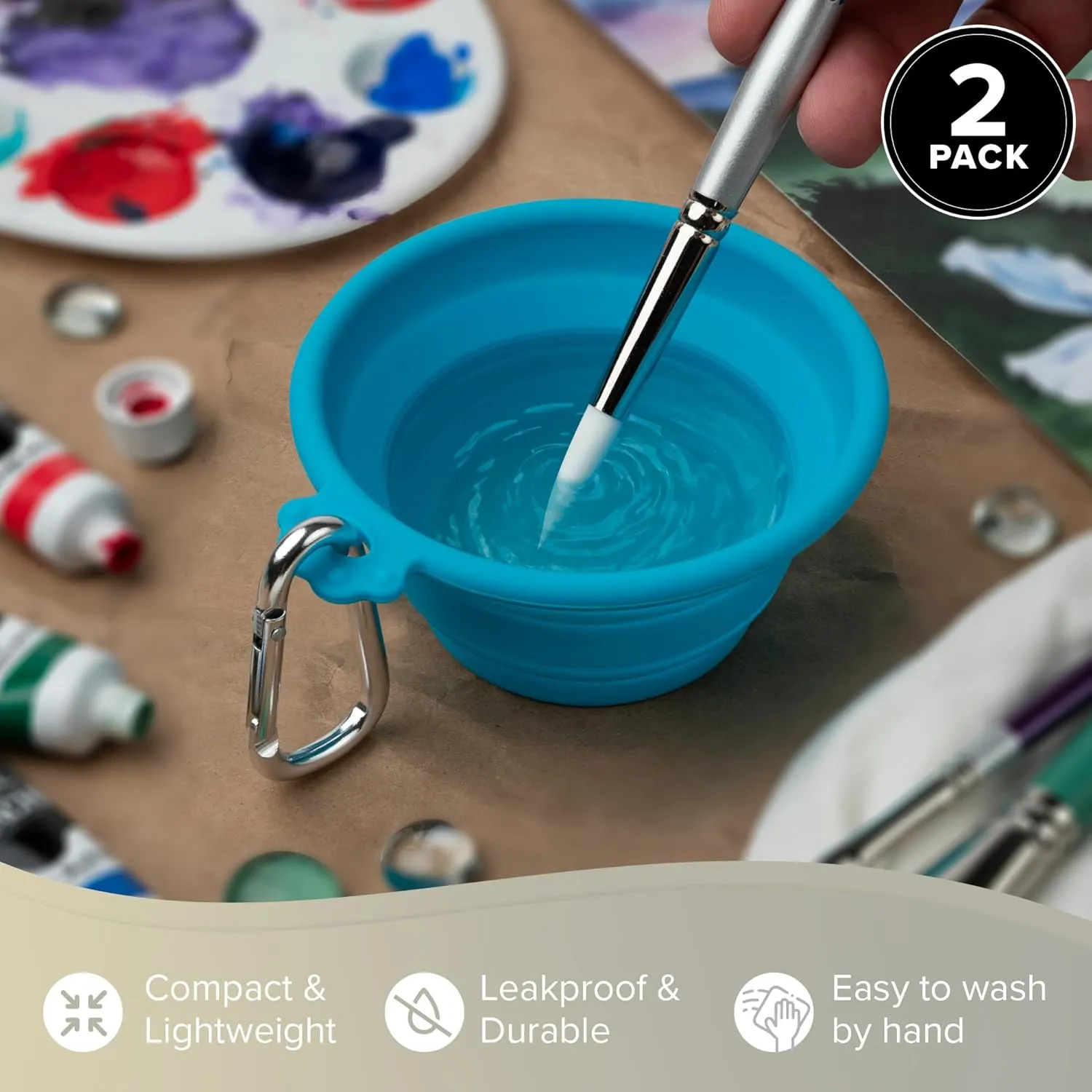 Silver Brush Limited 9050 Silver Essentials 250ml Round Collapsible Silicone Water Bowl, Leak-Proof Paint Brush Water Cup for Water Media Painting, for Studio, Travel, and Plein Air, 2 Pack