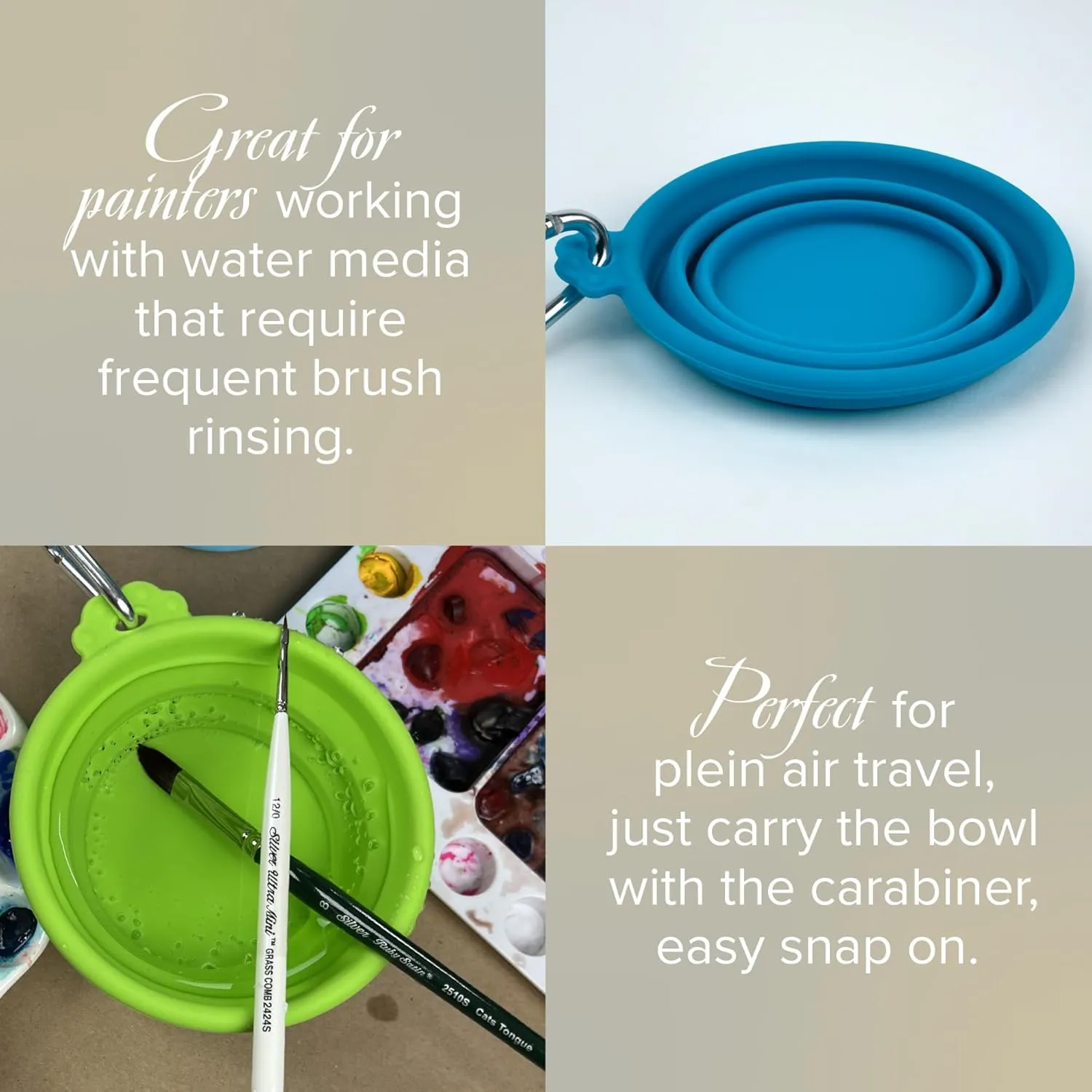 Silver Brush Limited 9050 Silver Essentials 250ml Round Collapsible Silicone Water Bowl, Leak-Proof Paint Brush Water Cup for Water Media Painting, for Studio, Travel, and Plein Air, 2 Pack