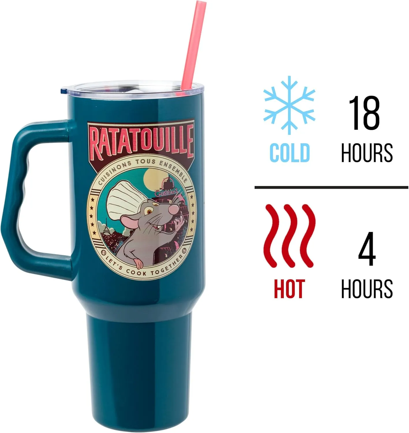Silver Buffalo Disney Pixar Ratatouille Remy Let's Cook Together Stainless Steel Tumbler with Handle and Straw, Fits in Standard Cup Holder, 40 Ounces
