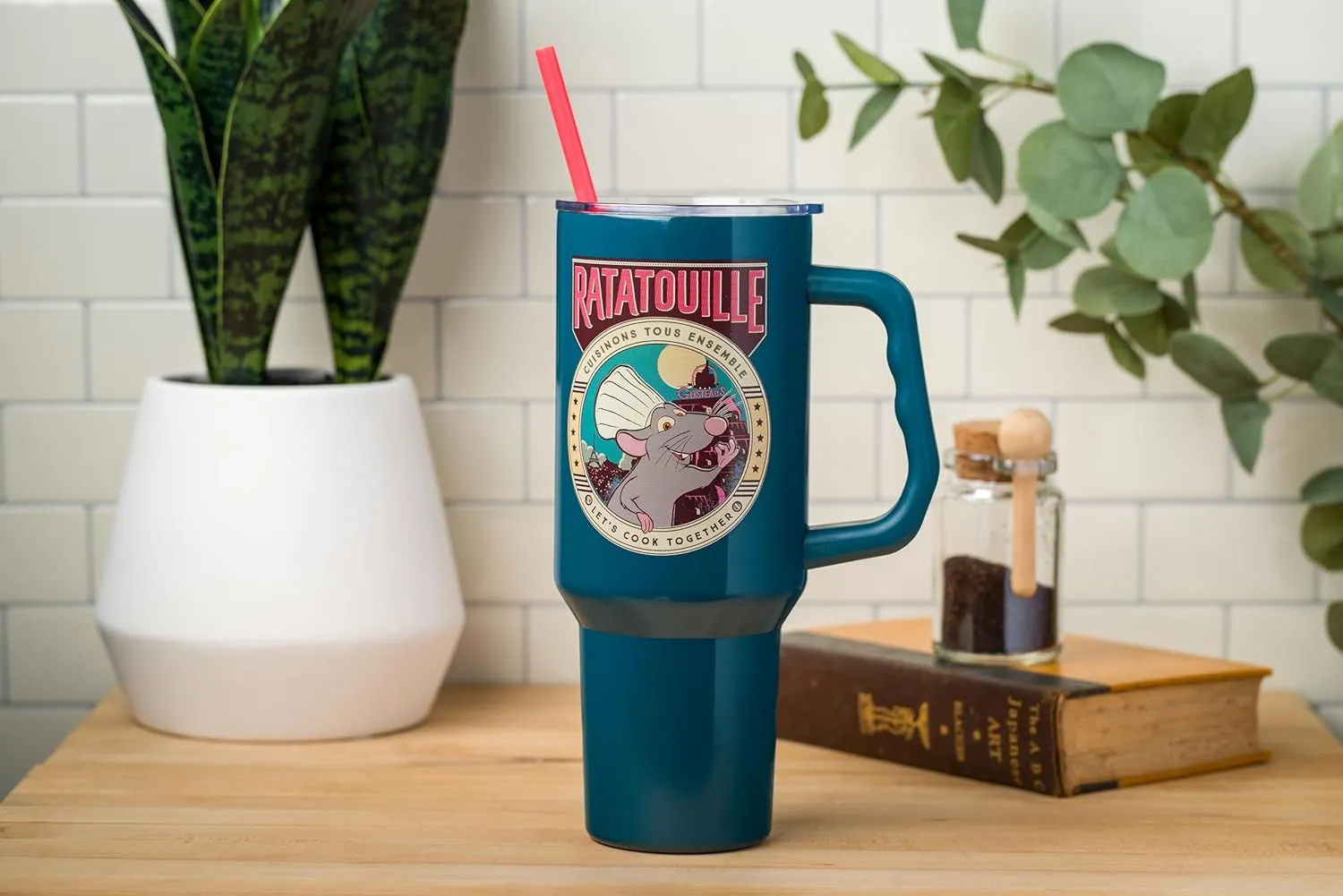 Silver Buffalo Disney Pixar Ratatouille Remy Let's Cook Together Stainless Steel Tumbler with Handle and Straw, Fits in Standard Cup Holder, 40 Ounces