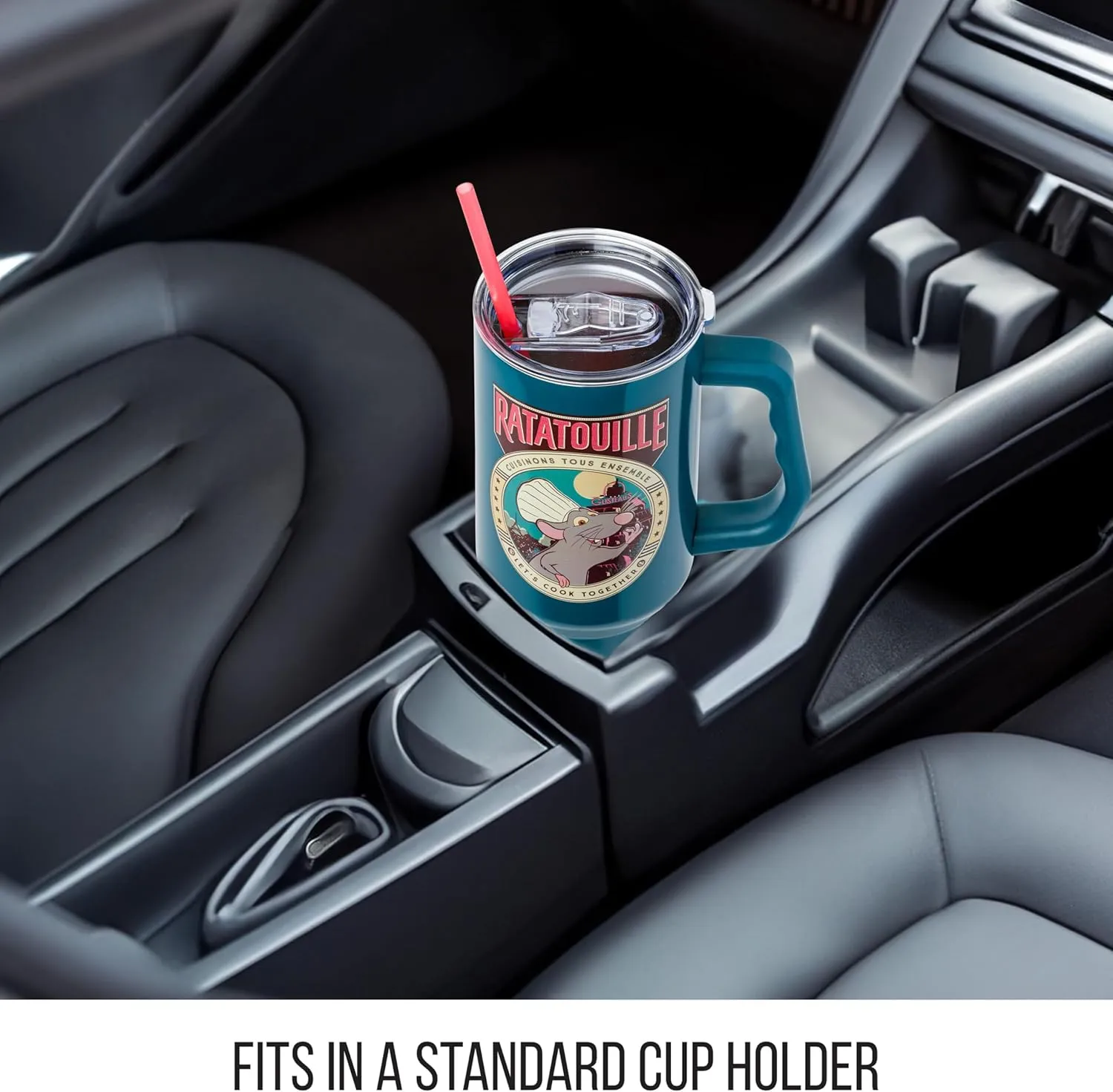 Silver Buffalo Disney Pixar Ratatouille Remy Let's Cook Together Stainless Steel Tumbler with Handle and Straw, Fits in Standard Cup Holder, 40 Ounces