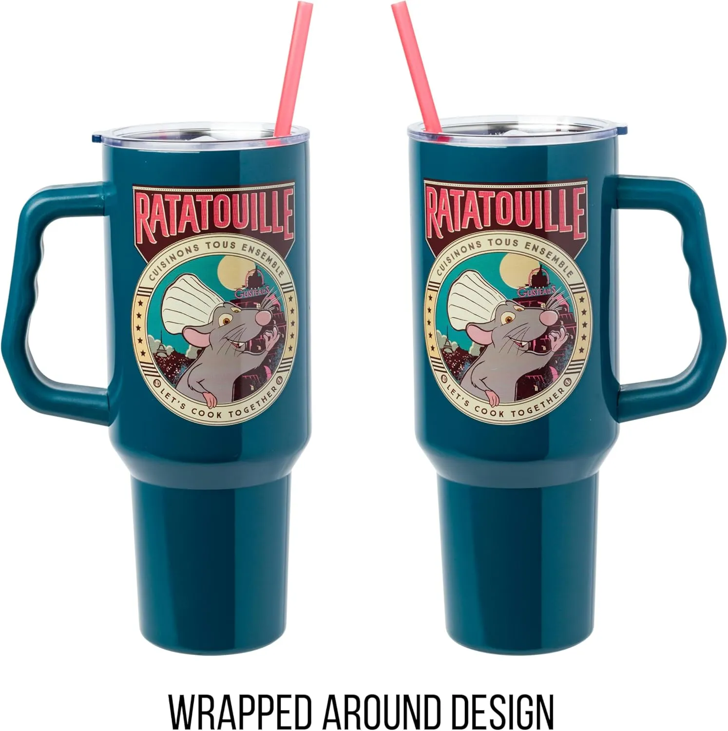 Silver Buffalo Disney Pixar Ratatouille Remy Let's Cook Together Stainless Steel Tumbler with Handle and Straw, Fits in Standard Cup Holder, 40 Ounces