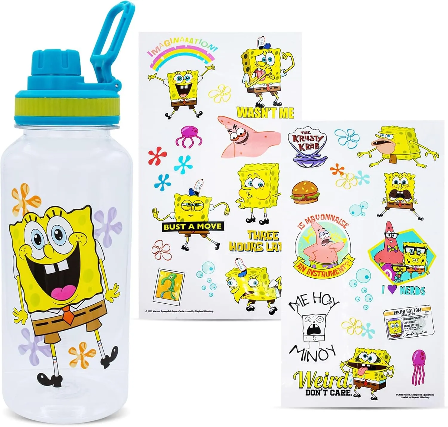 Silver Buffalo SpongeBob SquarePants Happy Laugh Flowers 32-Ounce Twist Spout Water Bottle And Sticker Set | BPA-Free Plastic Sports Jug