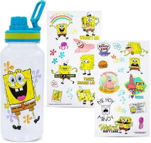 Silver Buffalo SpongeBob SquarePants Happy Laugh Flowers 32-Ounce Twist Spout Water Bottle And Sticker Set | BPA-Free Plastic Sports Jug