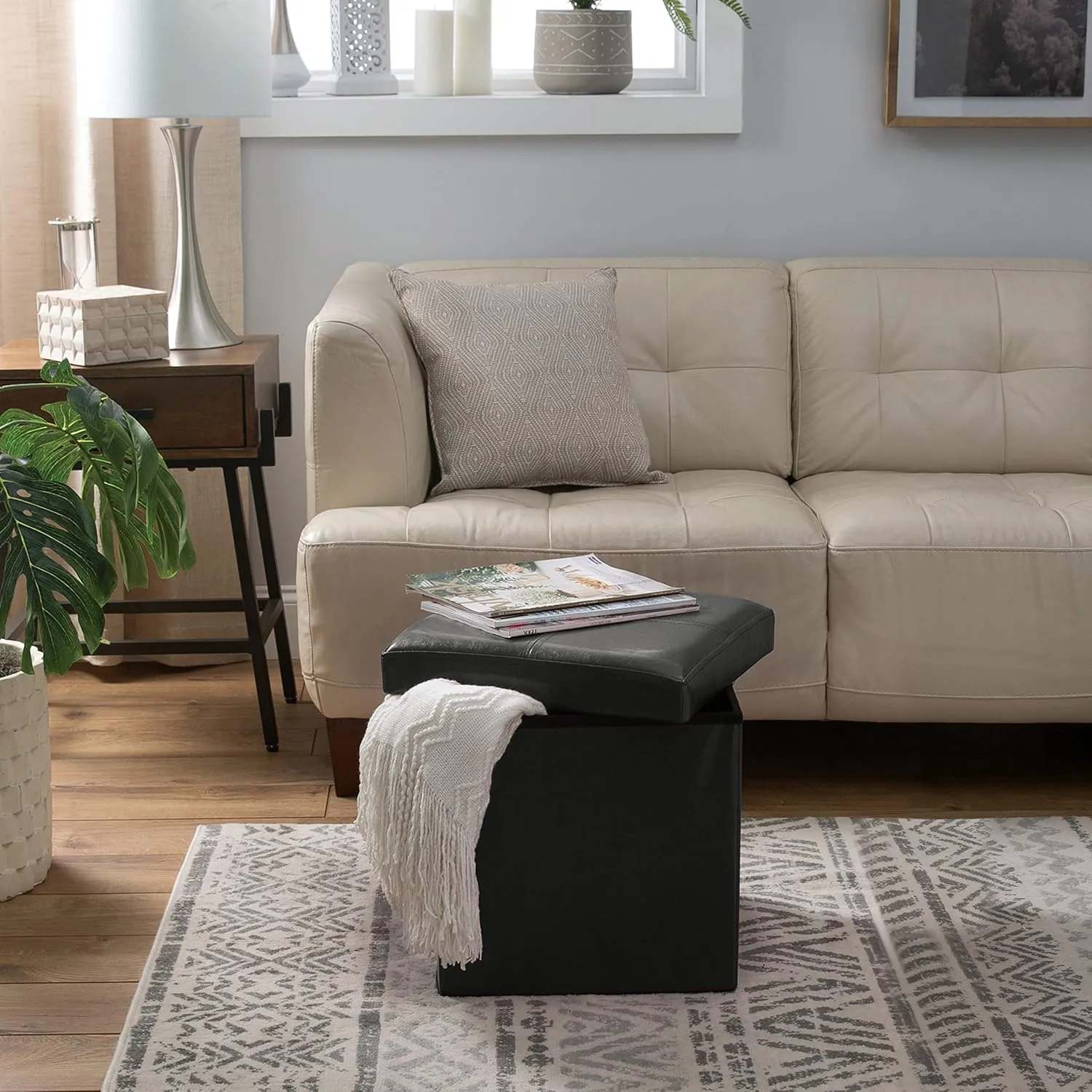 Simplify Folding Storage Ottoman, Toy Box Chest, Faux Leather,Tufted Padded Seating, Bench, Foot Rest, Stool, Single, Black