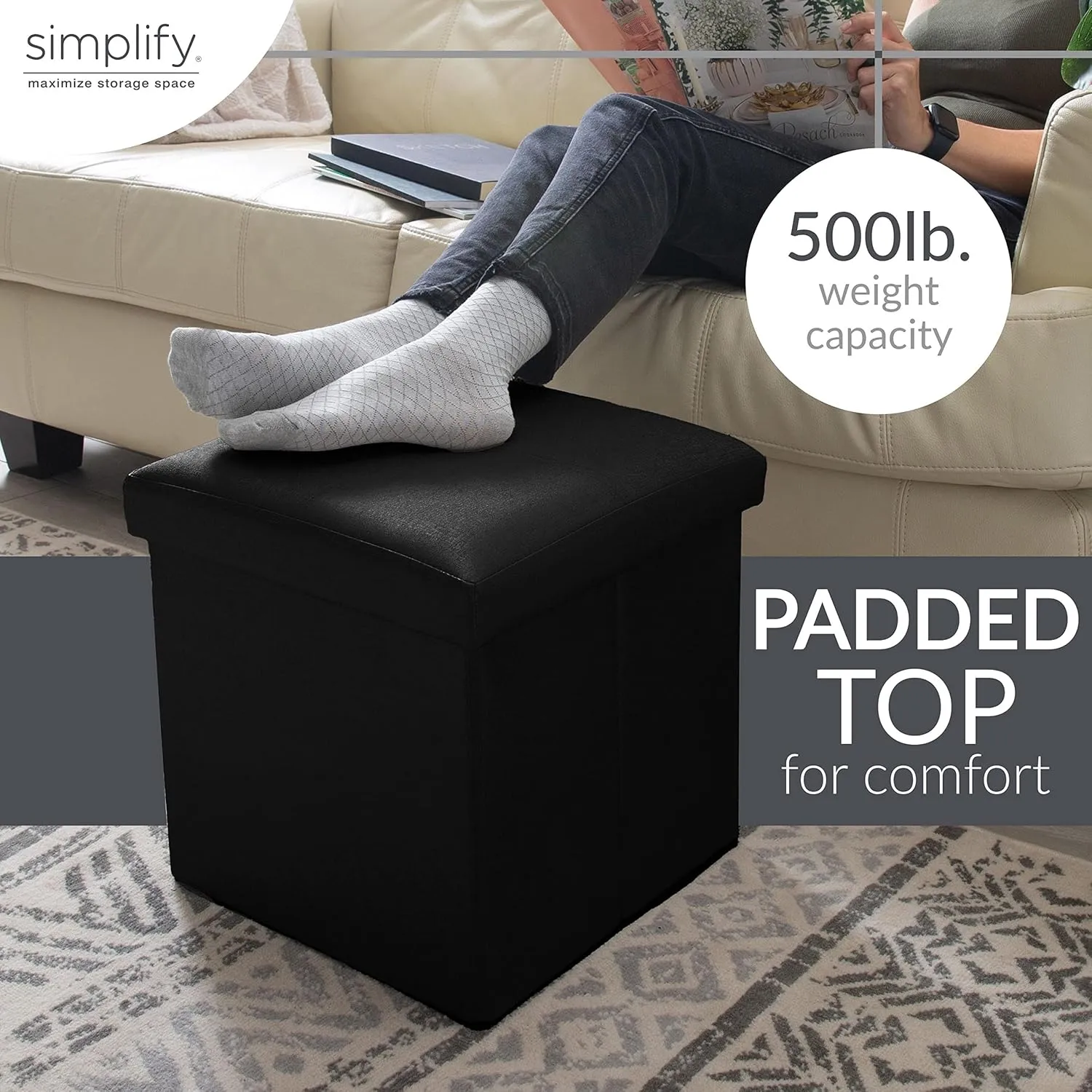 Simplify Folding Storage Ottoman, Toy Box Chest, Faux Leather,Tufted Padded Seating, Bench, Foot Rest, Stool, Single, Black