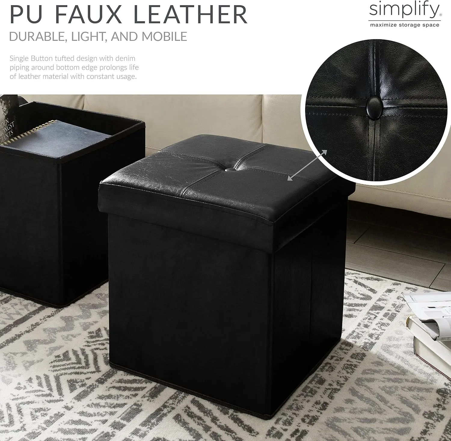 Simplify Folding Storage Ottoman, Toy Box Chest, Faux Leather,Tufted Padded Seating, Bench, Foot Rest, Stool, Single, Black