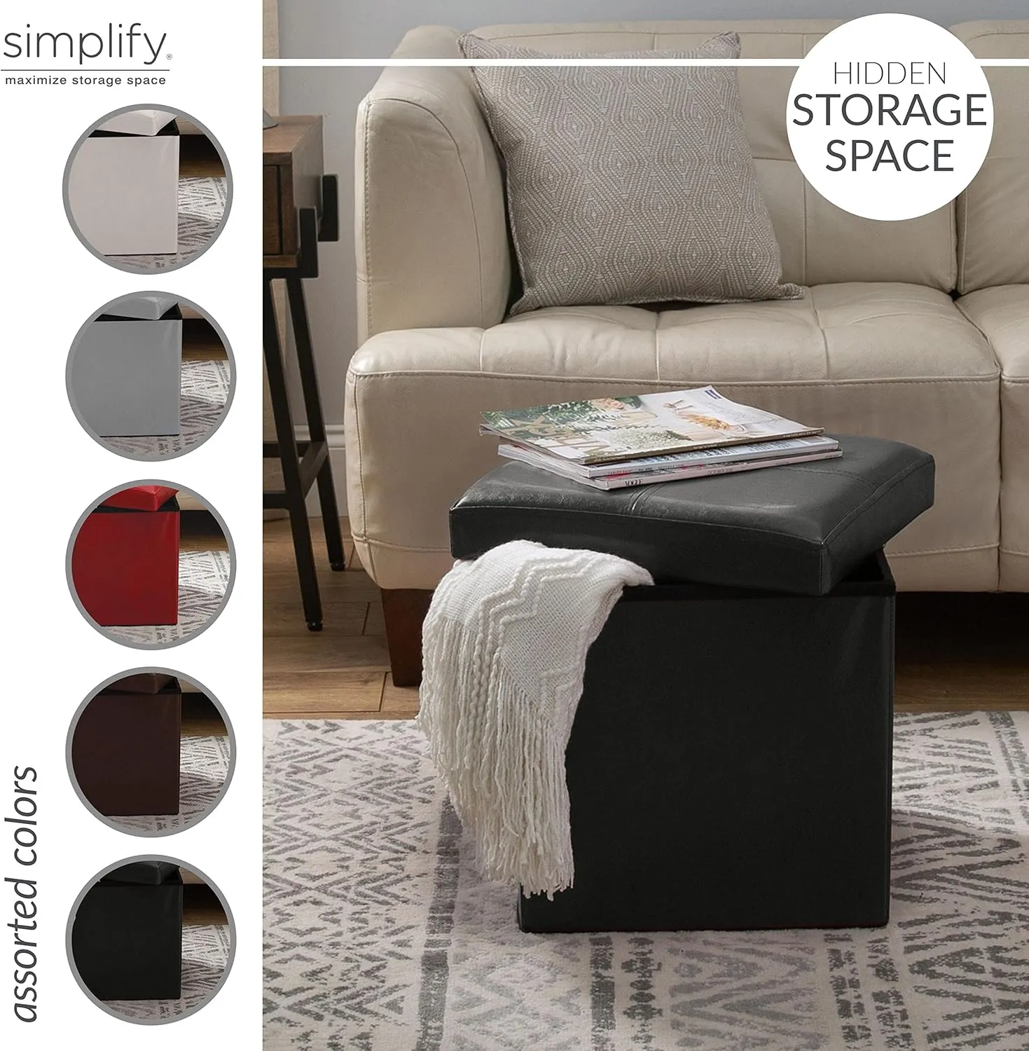 Simplify Folding Storage Ottoman, Toy Box Chest, Faux Leather,Tufted Padded Seating, Bench, Foot Rest, Stool, Single, Black