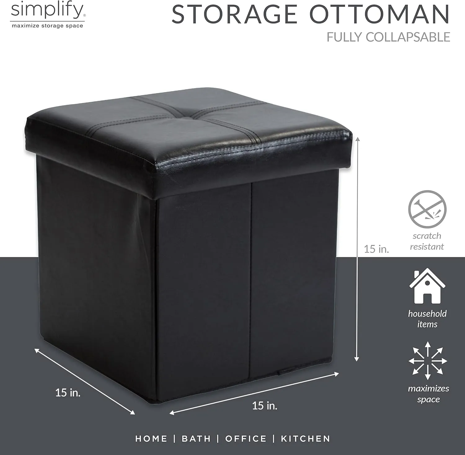 Simplify Folding Storage Ottoman, Toy Box Chest, Faux Leather,Tufted Padded Seating, Bench, Foot Rest, Stool, Single, Black