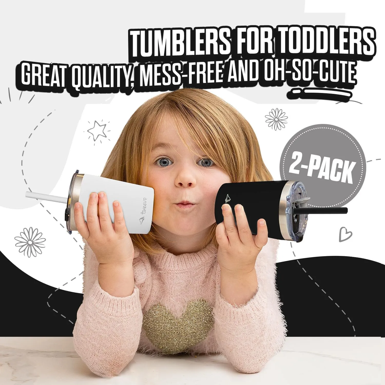 Sippy Cups For Toddlers 1-3 - Toddler Cups w/Screw Lids - Stainless Steel Kids Cups With Straws and Lids - 2 Pack (Black & White, 8.5oz)