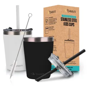 Sippy Cups For Toddlers 1-3 - Toddler Cups w/Screw Lids - Stainless Steel Kids Cups With Straws and Lids - 2 Pack (Black & White, 8.5oz)