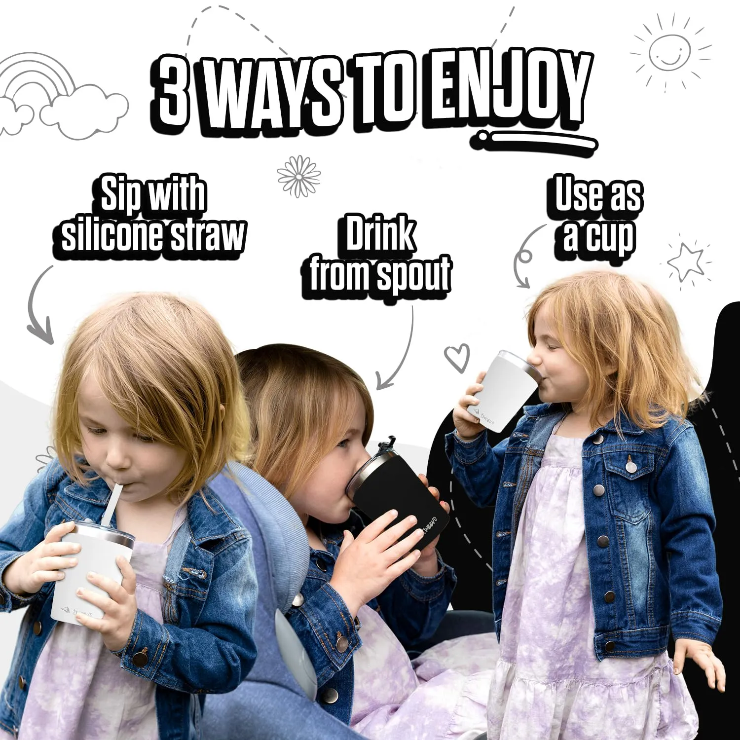Sippy Cups For Toddlers 1-3 - Toddler Cups w/Screw Lids - Stainless Steel Kids Cups With Straws and Lids - 2 Pack (Black & White, 8.5oz)