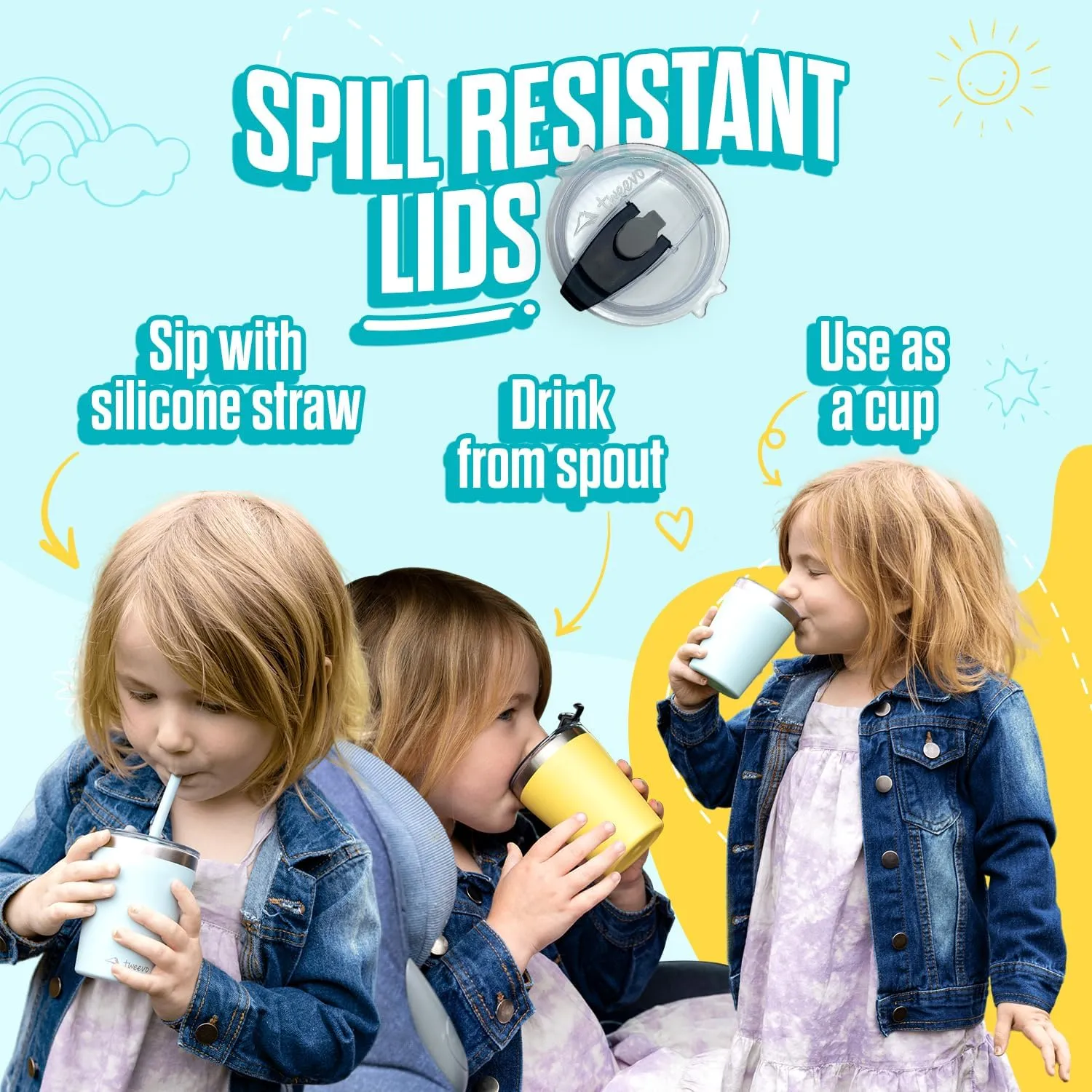 Sippy Cups For Toddlers 1-3 - Toddler Cups w/Screw Lids - Stainless Steel Kids Tumblers With Straws and Lids - 2 Pack (Yellow & Blue, 8.5oz)