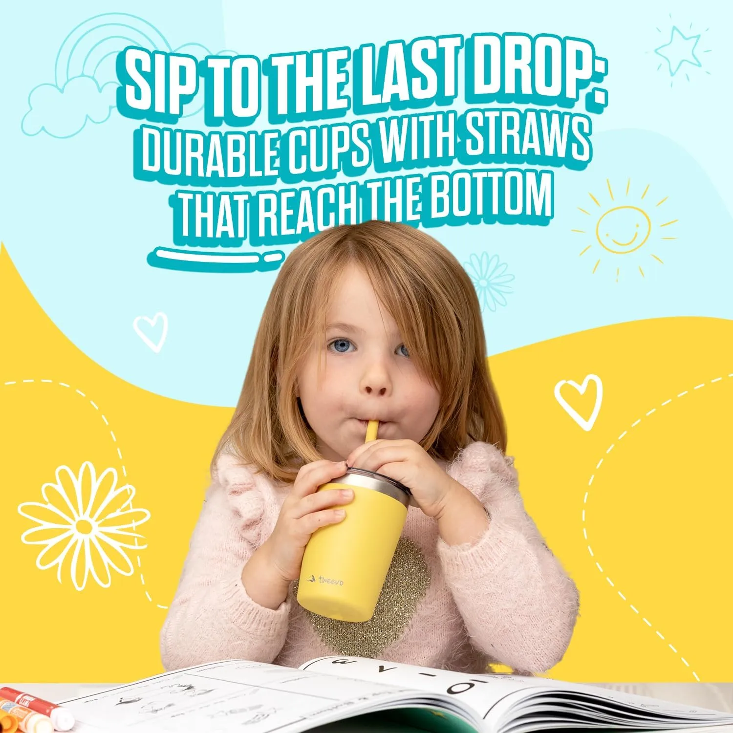 Sippy Cups For Toddlers 1-3 - Toddler Cups w/Screw Lids - Stainless Steel Kids Tumblers With Straws and Lids - 2 Pack (Yellow & Blue, 8.5oz)