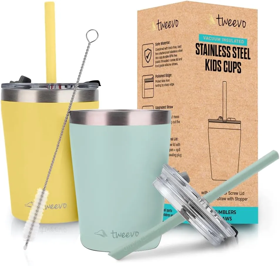 Sippy Cups For Toddlers 1-3 - Toddler Cups w/Screw Lids - Stainless Steel Kids Tumblers With Straws and Lids - 2 Pack (Yellow & Blue, 8.5oz)