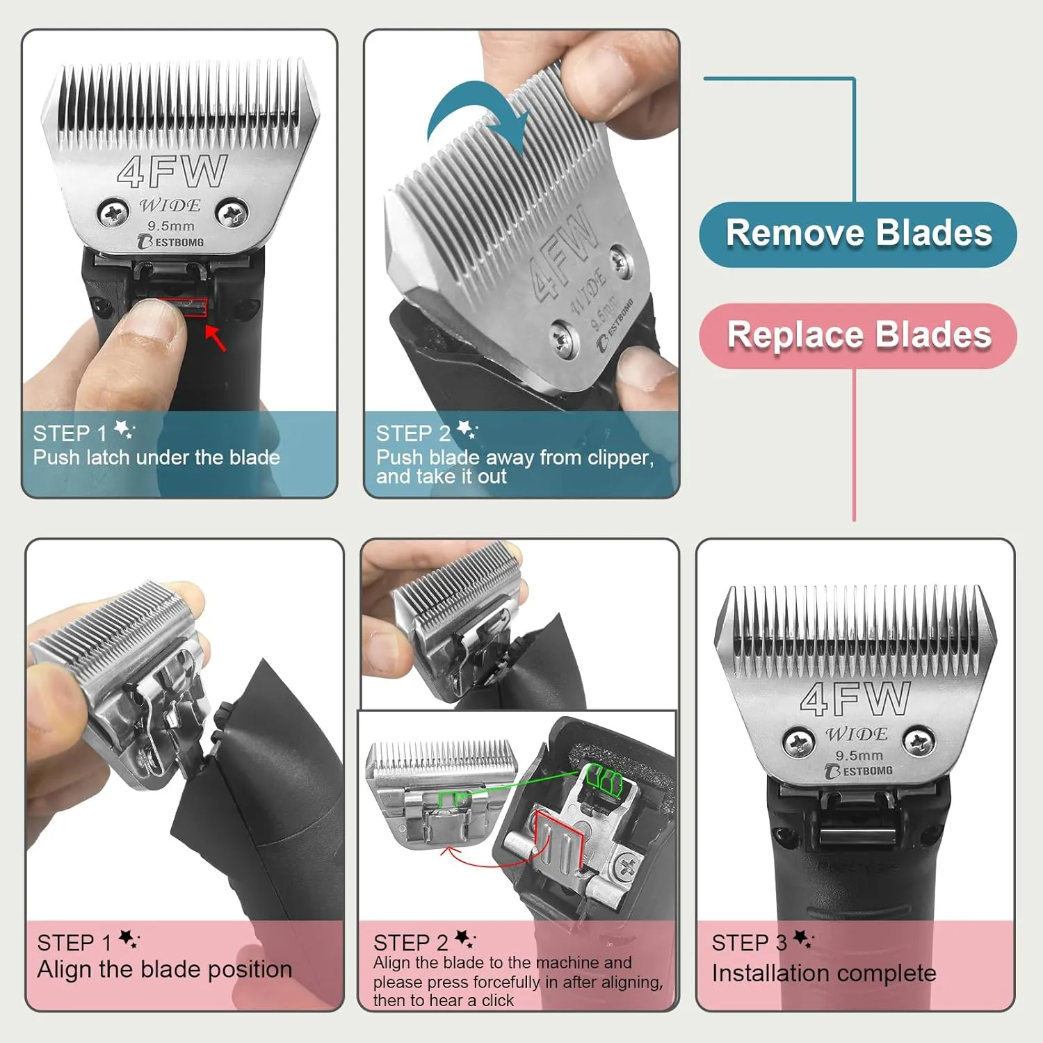 Size 30W 10W 7FW 5FW 4FW Wide Detachable Pet Dog Grooming Blades Kit,Compatible with Andis,Oster A5,Wahl km10 Clippers,5 Pack