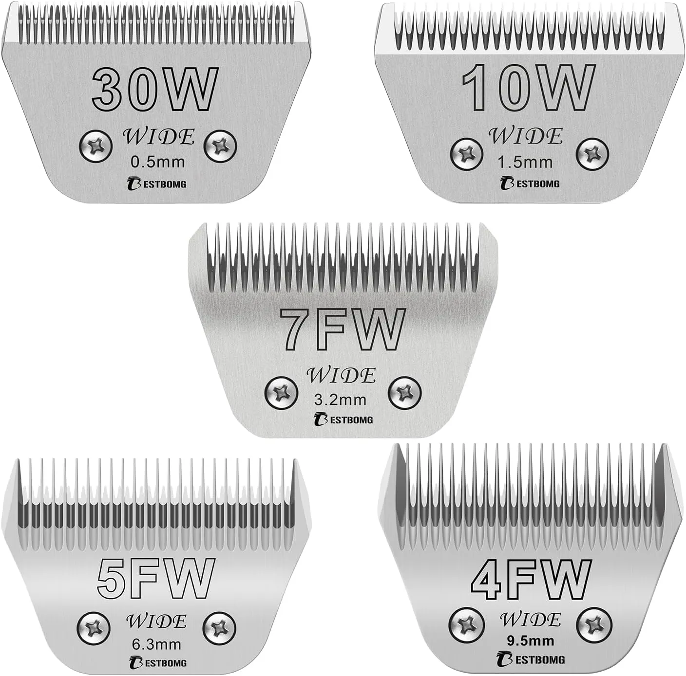 Size 30W 10W 7FW 5FW 4FW Wide Detachable Pet Dog Grooming Blades Kit,Compatible with Andis,Oster A5,Wahl km10 Clippers,5 Pack